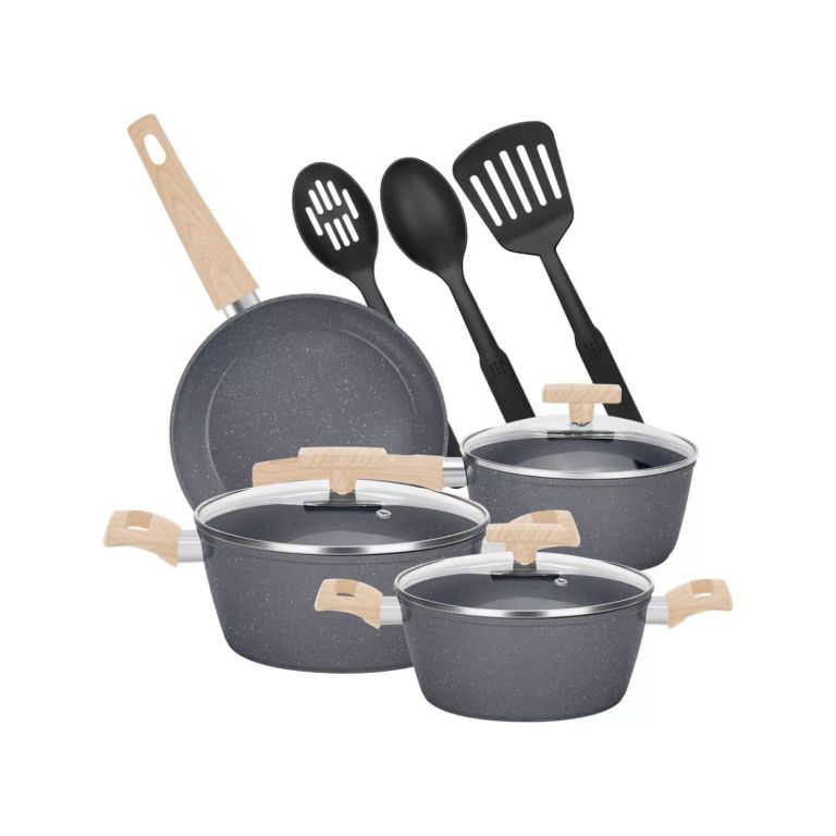 Juego Bateria 10 Piezas Cocina Granito Menaje Antiadherente PMM Negro.