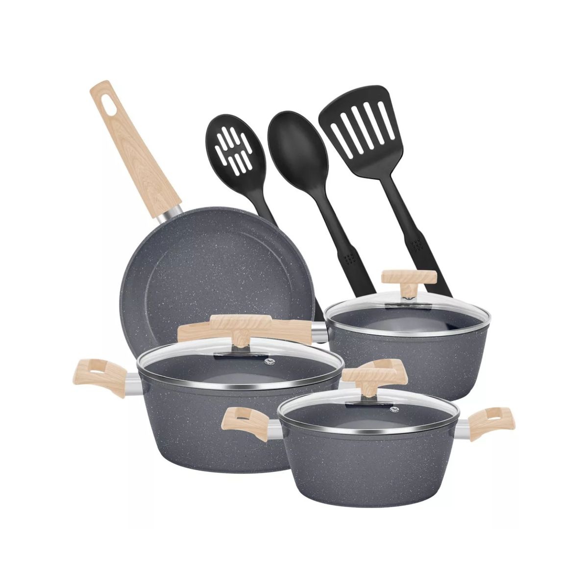 IMPORTCLICK - Juego Batería 10 Piezas Cocina Granito Menaje Antiadherente PMM Negro