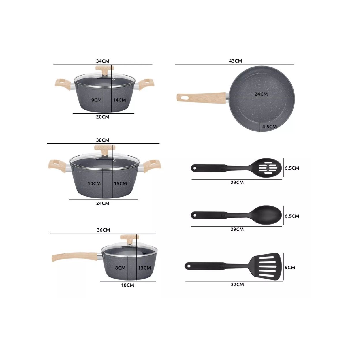 IMPORTCLICK - Juego Batería 10 Piezas Cocina Granito Menaje Antiadherente PMM Negro