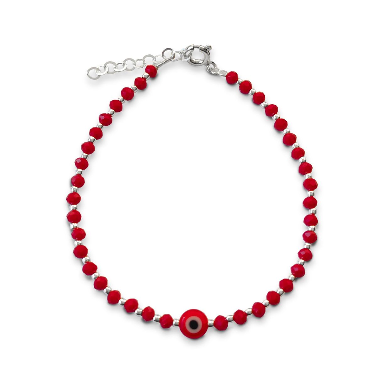 ANDREA COGGIOLA JOYAS - Pulsera Ojo Turco Cristal Rojo Bolitas Plata Fina 925