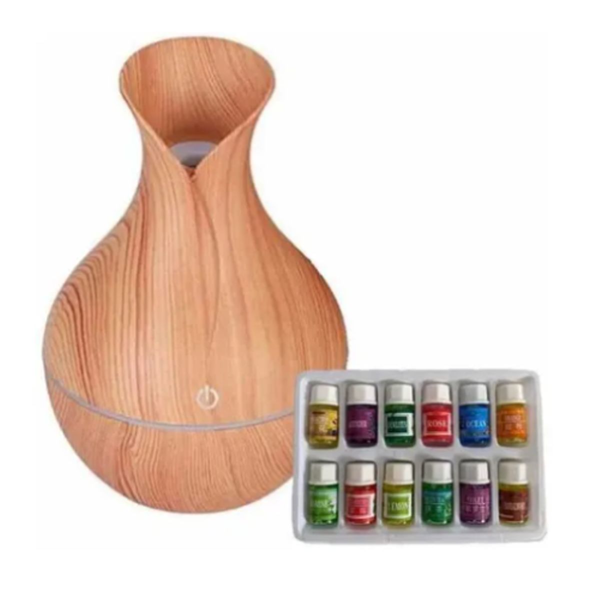 GENERICO - Humidificador Tipo Jarrón Madera + 12 Esencias Aromáticas