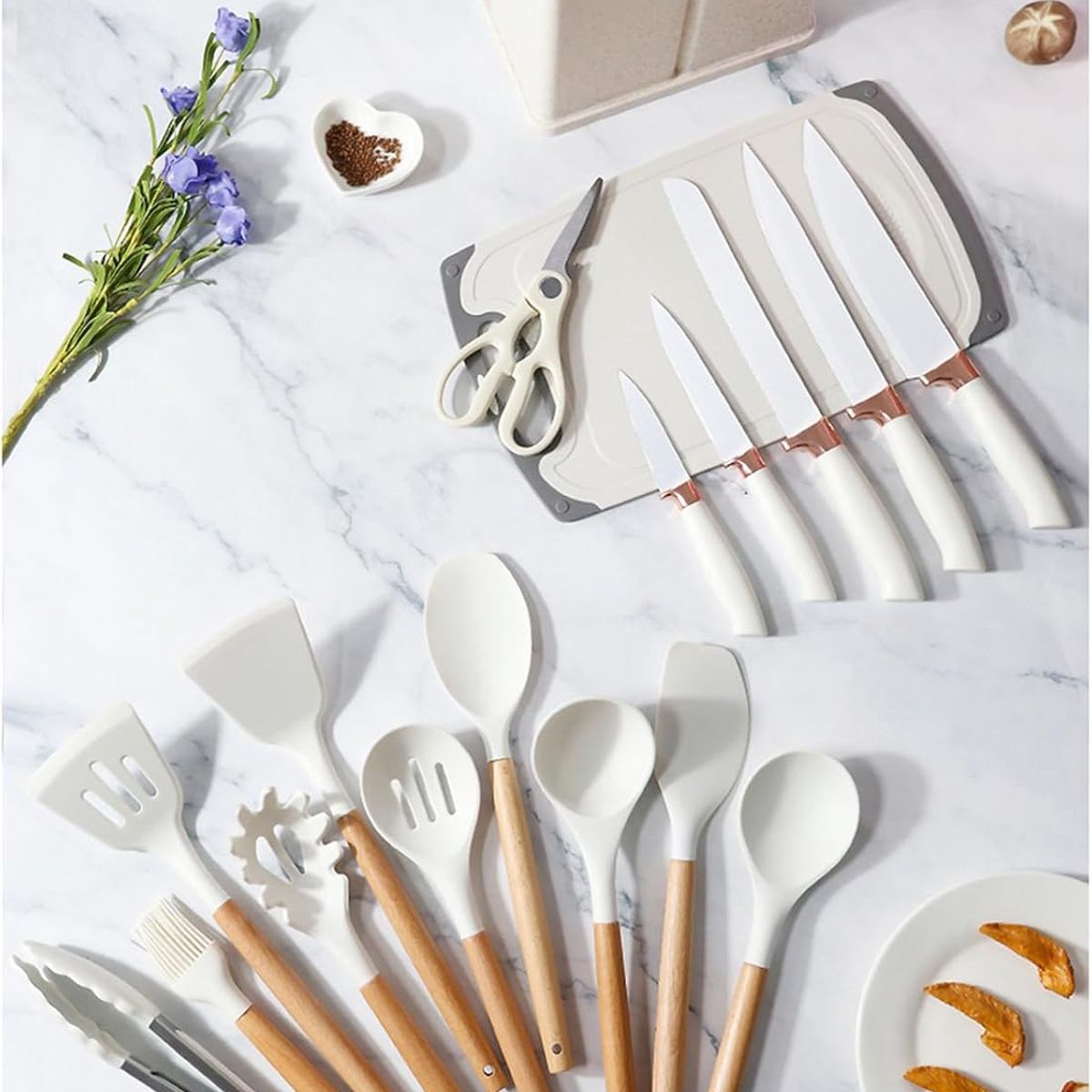 GENERICO - UTENSILIOS DE COCINA DE SILICONA ANTIADHERENTE SET 19 PIEZAS BLANCO