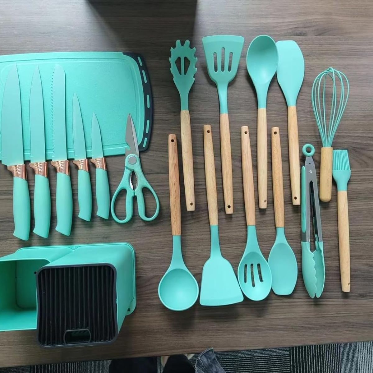 GENERICO - UTENSILIOS DE COCINA ANTIADHERENTE SET 19 PIEZAS SILICONA TURQUESA