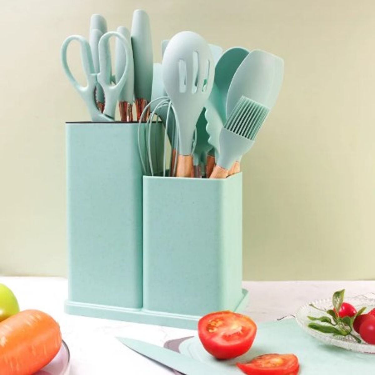 GENERICO - UTENSILIOS DE COCINA ANTIADHERENTE SET 19 PIEZAS SILICONA VERDE AGUA