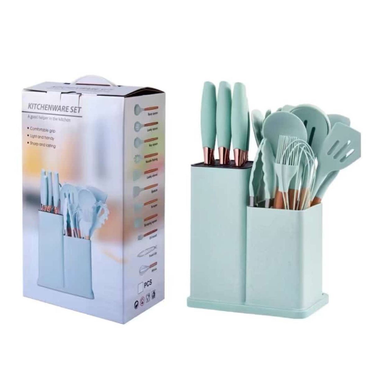 GENERICO - UTENSILIO SILICONA PARA COCINA ANTIADHERENTE VERDE AGUA SET 19 PIEZAS
