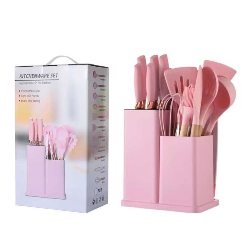 GENERICO - UTENSILIOS DE COCINA ANTIADHERENTE SET DE 19 PIEZAS SILICONA ROSA