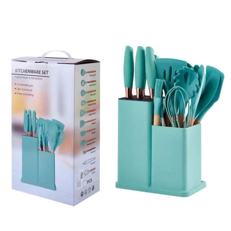 GENERICO - UTENSILIO SILICONA PARA COCINA ANTIADHERENTE TURQUESA SET 19 PIEZAS