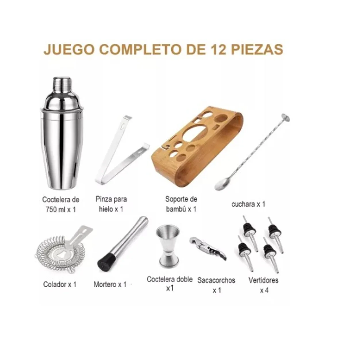 OFERTABKN - Kit De Utensilios De Coctelería C/coctelera De 750ml, 12 Pzs
