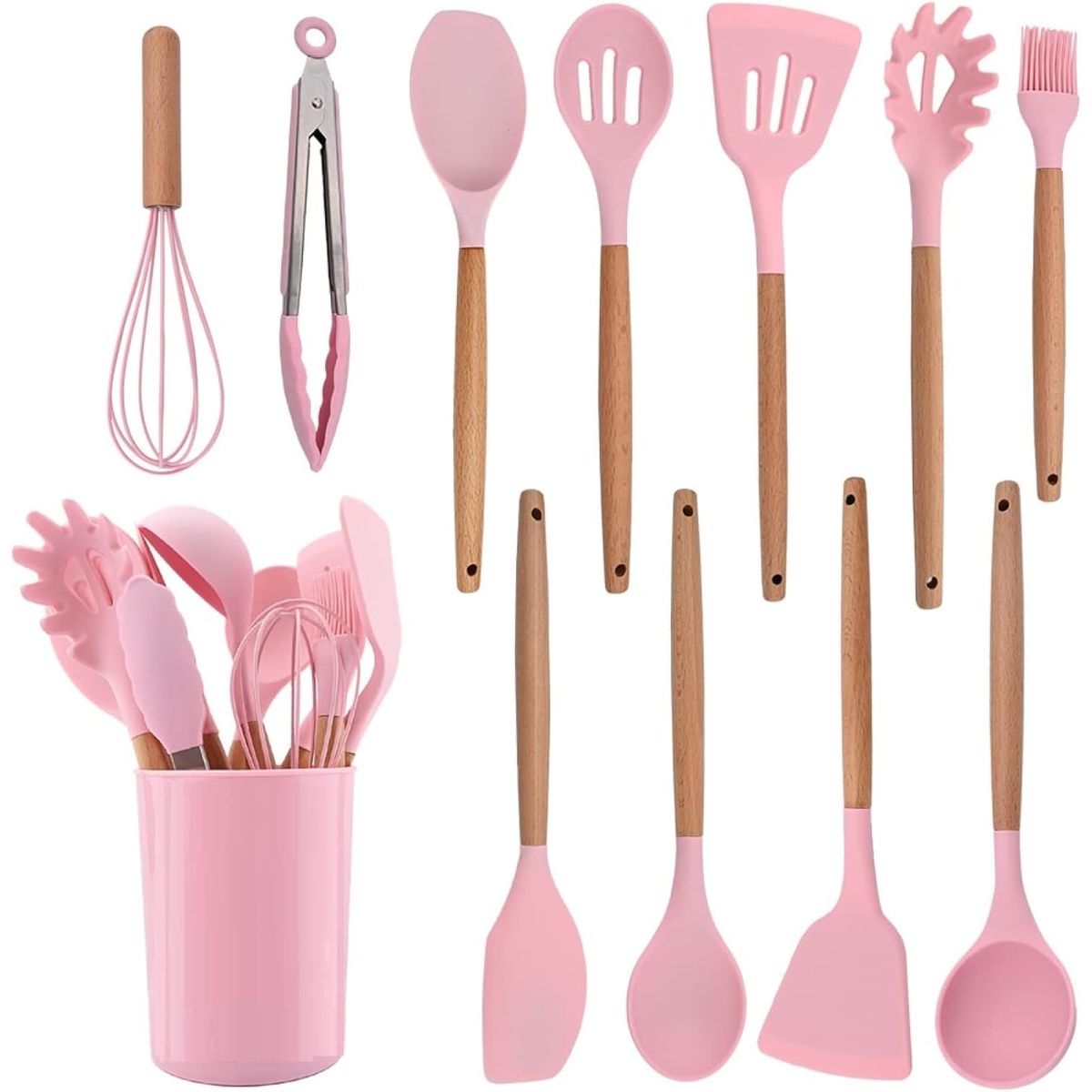 GENERICO - UTENSILIOS DE COCINA DE SILICONA ANTIADHERENTE SET 12 PIEZAS ROSA