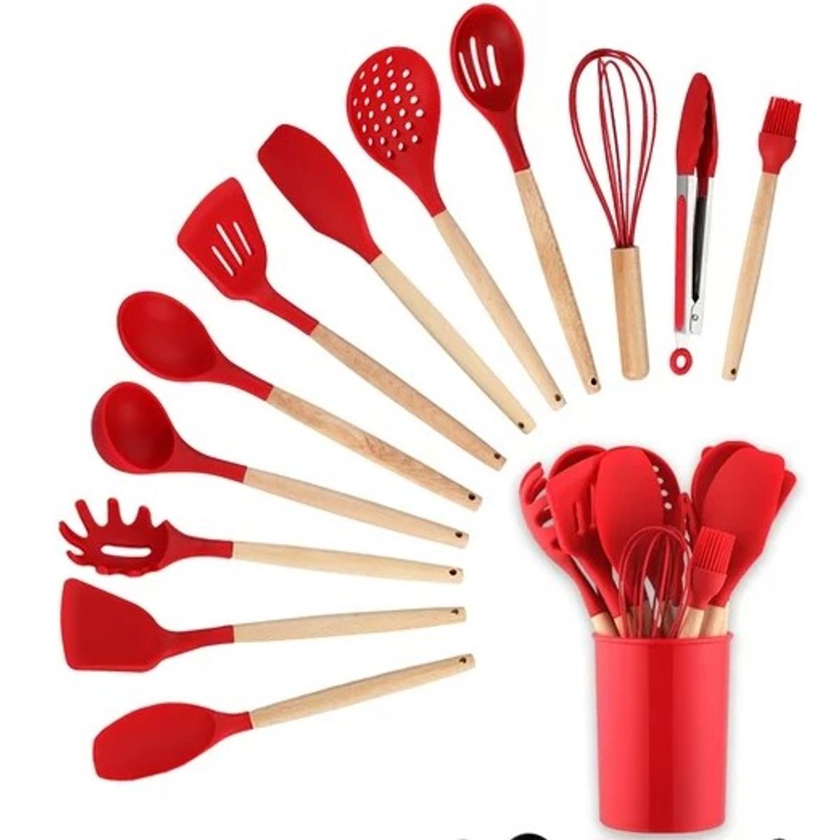 GENERICO - UTENSILIOS DE COCINA DE SILICONA ANTIADHERENTE SET 12 PIEZAS ROJO