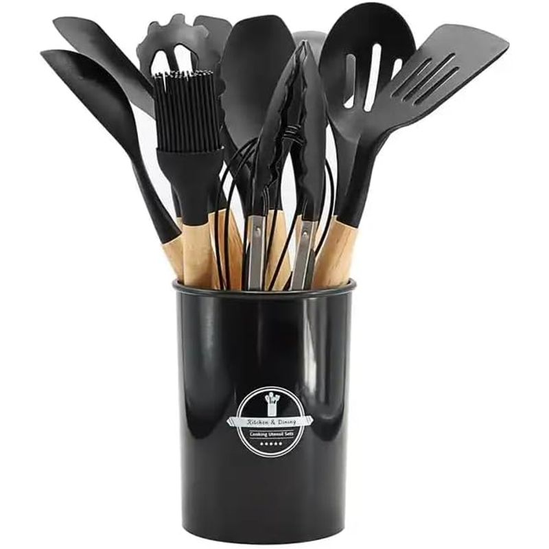 GENERICO - UTENSILIOS DE COCINA ANTIADHERENTE SET 12 PIEZAS SILICONA NEGRO