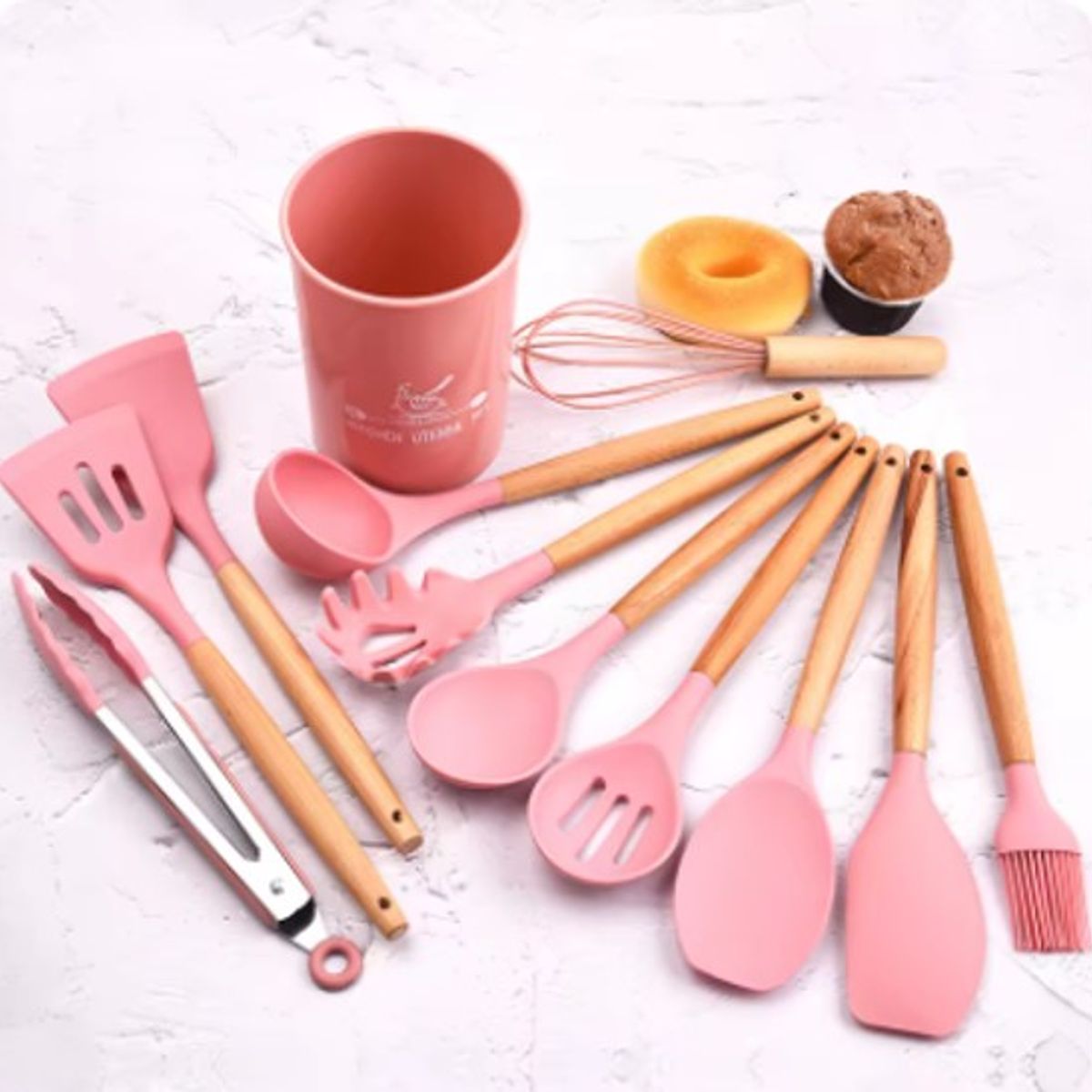 GENERICO - UTENSILIOS DE COCINA ANTIADHERENTE SET 12 PIEZAS SILICONA ROSA