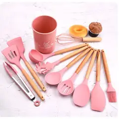 GENERICO - UTENSILIOS DE COCINA ANTIADHERENTE SET 12 PIEZAS SILICONA ROSA