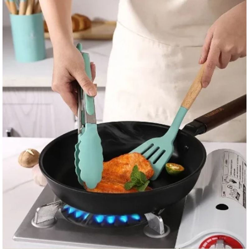 GENERICO - UTENSILIOS DE COCINA ANTIADHERENTE SET 12 PIEZAS SILICONA VERDE AGUA