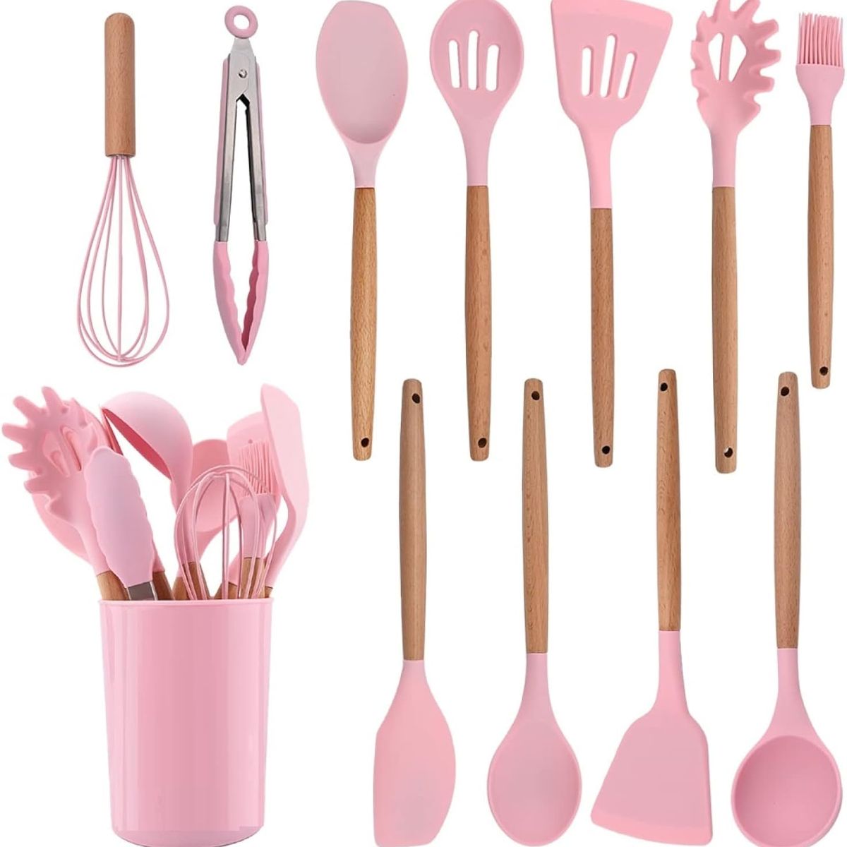 GENERICO - UTENSILIO SILICONA PARA COCINA ANTIADHERENTE ROSA SET 12 PIEZAS