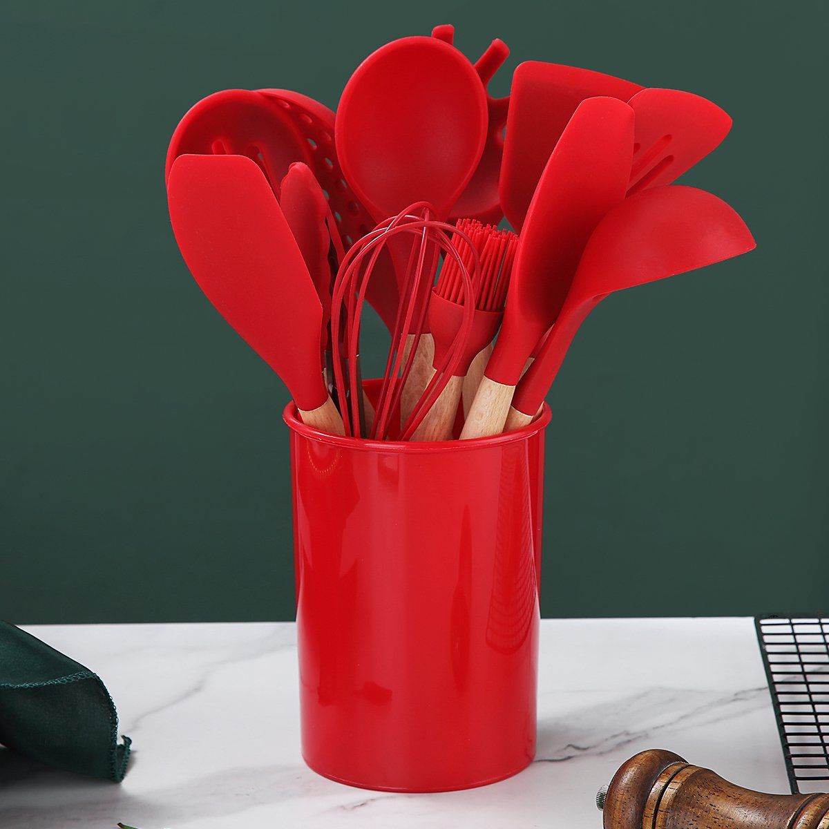 GENERICO - UTENSILIO SILICONA PARA COCINA ANTIADHERENTE ROJO SET 12 PIEZAS