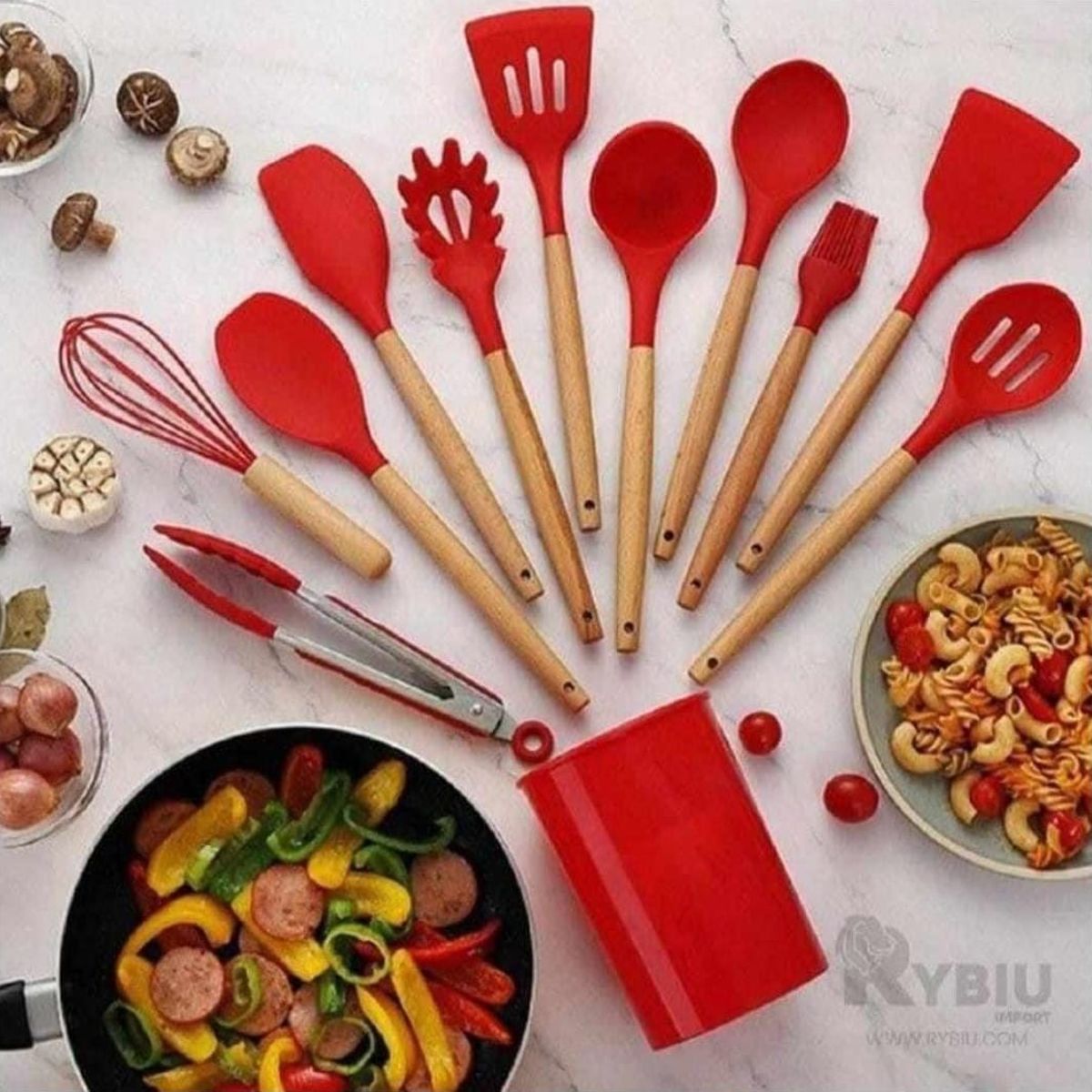 GENERICO - UTENSILIO SILICONA PARA COCINA ANTIADHERENTE ROJO SET 12 PIEZAS
