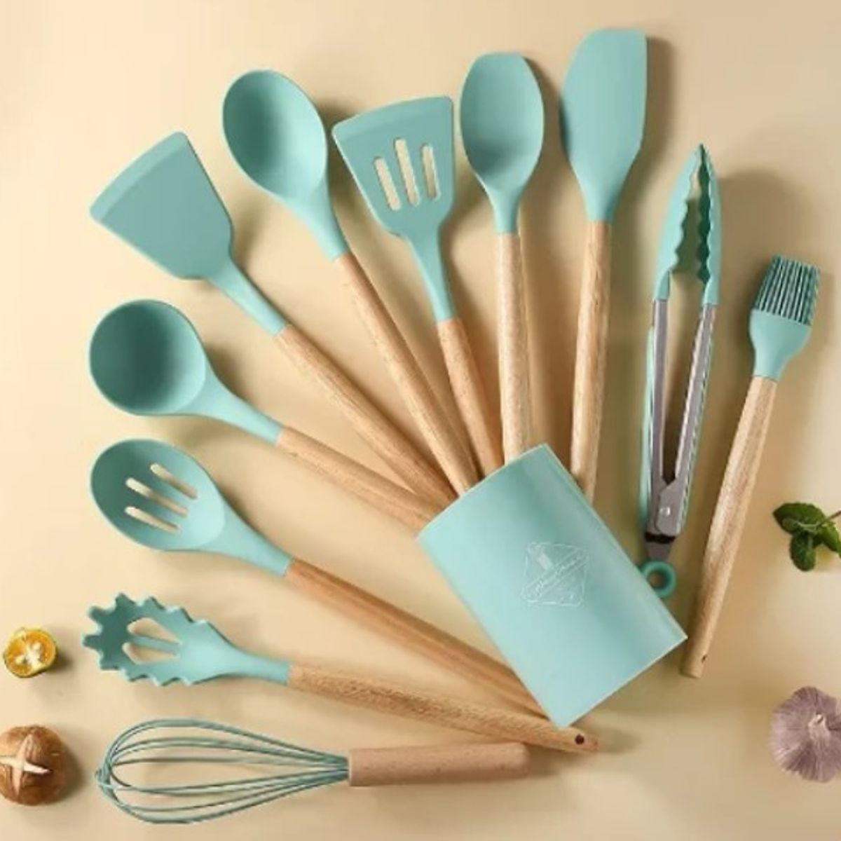 GENERICO - UTENSILIO SILICONA PARA COCINA ANTIADHERENTE VERDE AGUA SET 12 PIEZAS