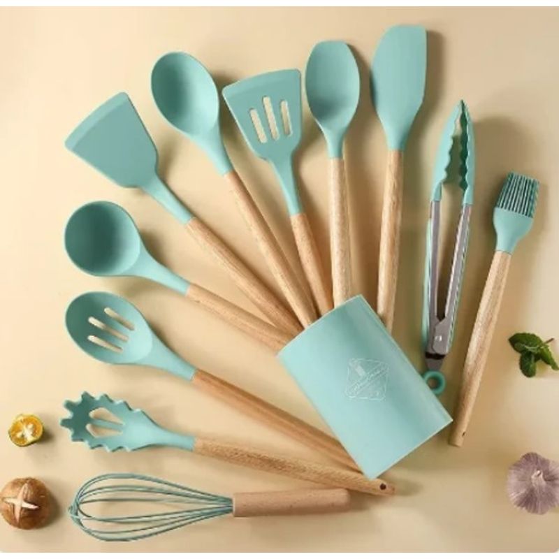 GENERICO - UTENSILIO SILICONA PARA COCINA ANTIADHERENTE VERDE AGUA SET 12 PIEZAS