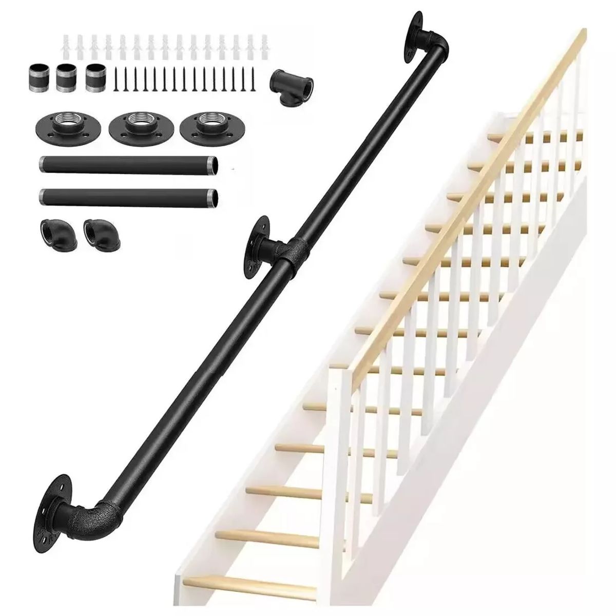 DEKANO - Pasamanos De Tubo Negro Escaleras 18m+tornillo Para Escuela