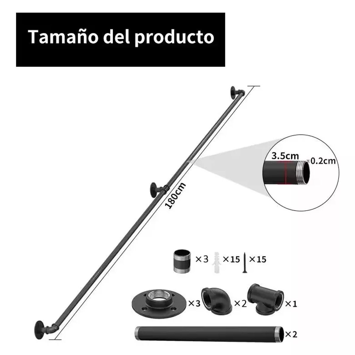 DEKANO - Pasamanos De Tubo Negro Escaleras 18m+tornillo Para Escuela