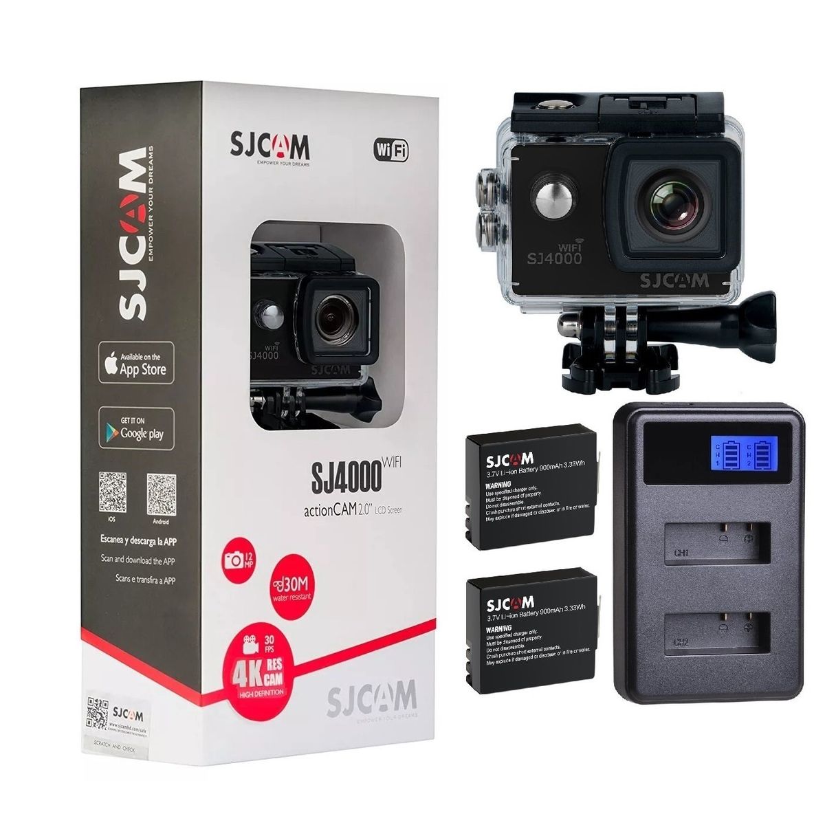 SJCAM - Pack Cámara deportiva SJCAM SJ4000 4K WiFi 2 baterias y cargador Led