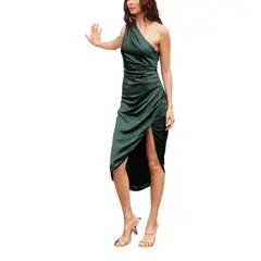 CAPRICHOSA - Midi Vestido asimetrico Verde satinado