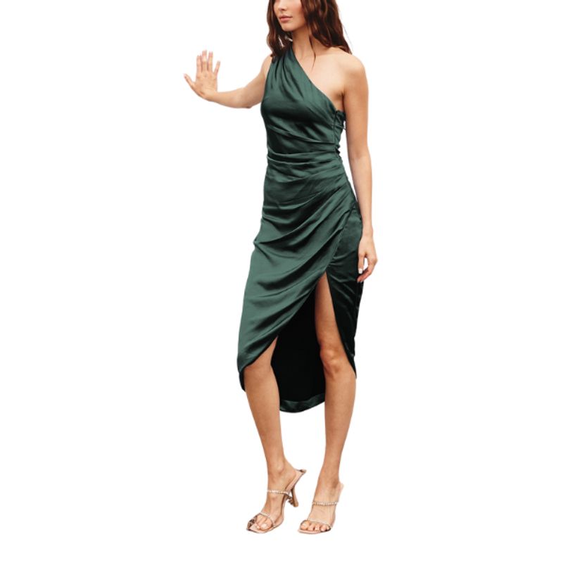 CAPRICHOSA - Midi Vestido asimetrico Verde satinado