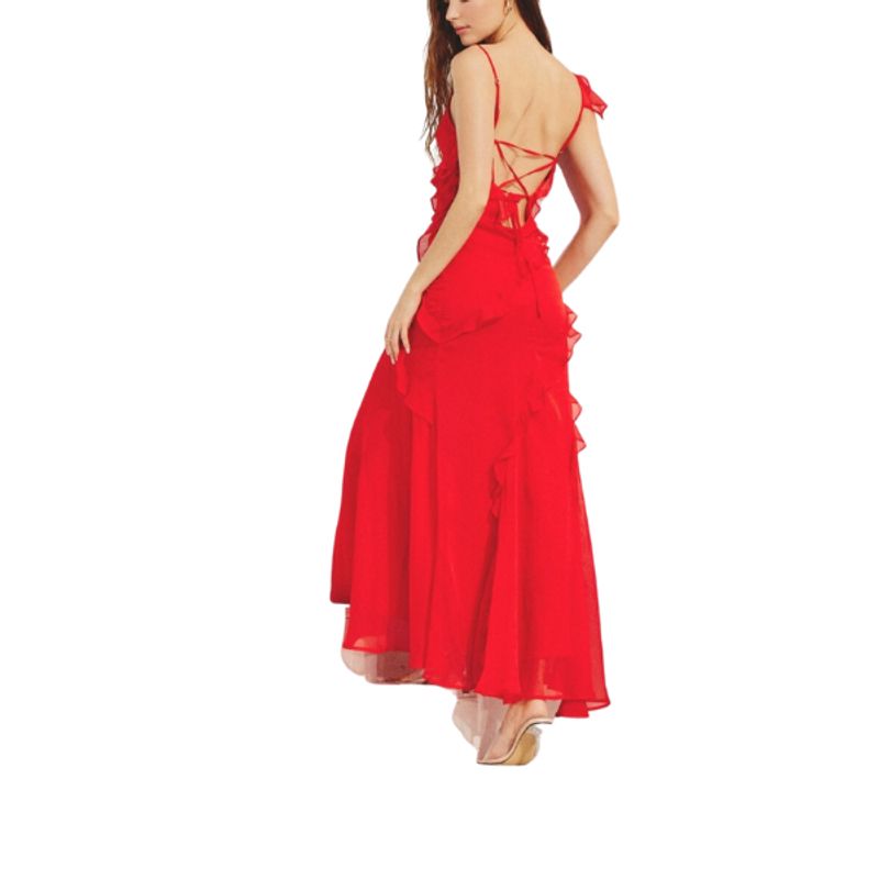 CAPRICHOSA - Maxi Vestido de Gasa rojo espalda ajustable con vuelos