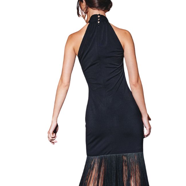 CAPRICHOSA - Maxi Vestido negro cuello halter falda de flecos