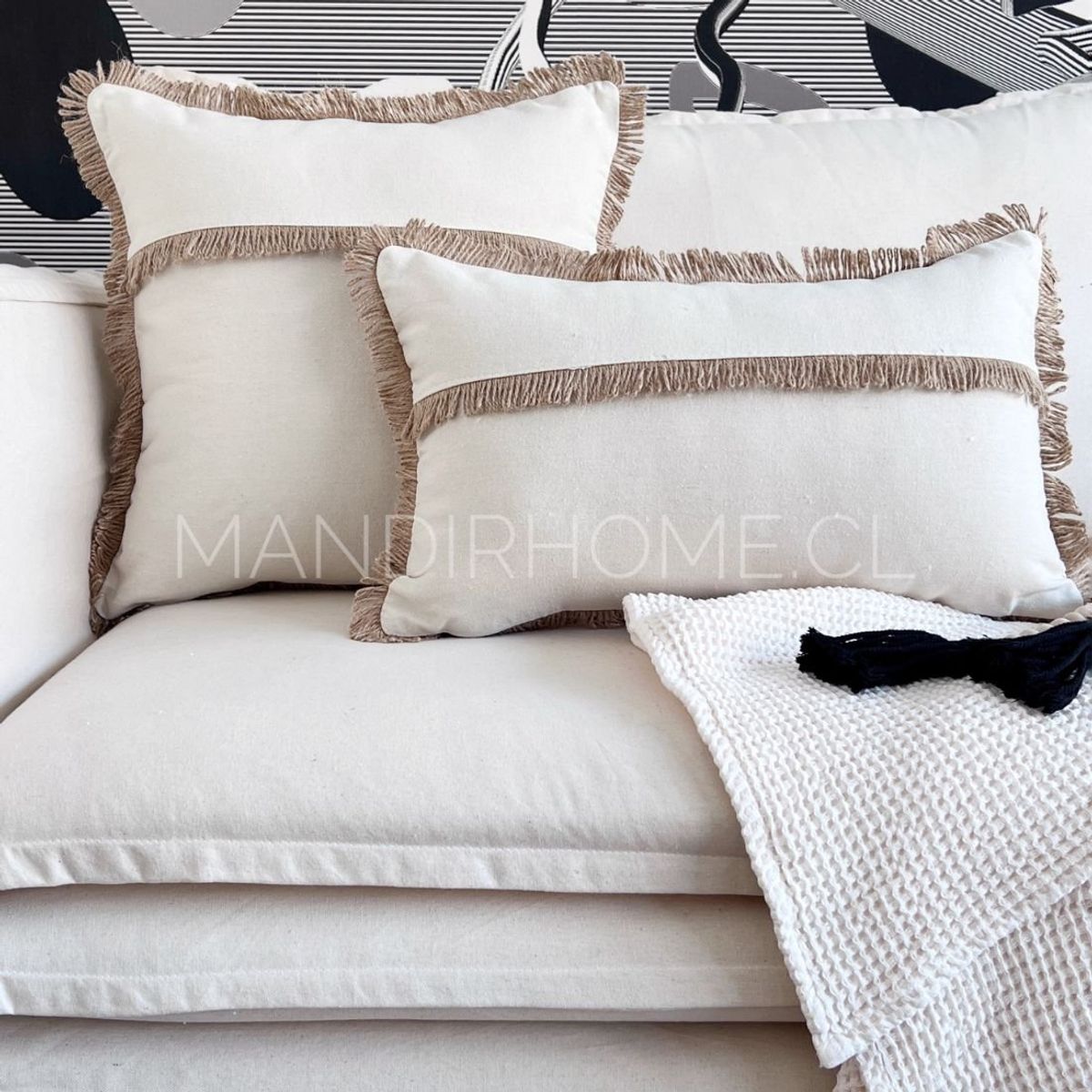 MANDIRHOME - Funda de Cojín Natural Rústico Lino Yute Fleco Cuadrada