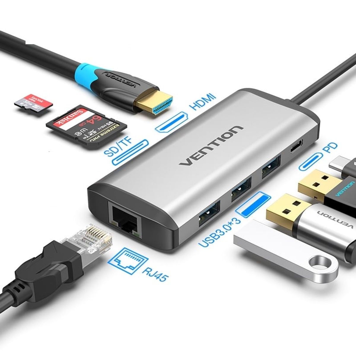 VENTION - Adaptador Hub Vention Usb C 8 En 1 3.1 - Hdmi 4k / Rj45 / USB / Pd