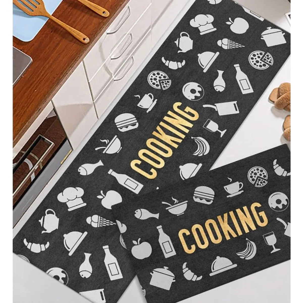 GENERICO - Set Alfombras Cocina Decoración Black Cooking Antideslizante