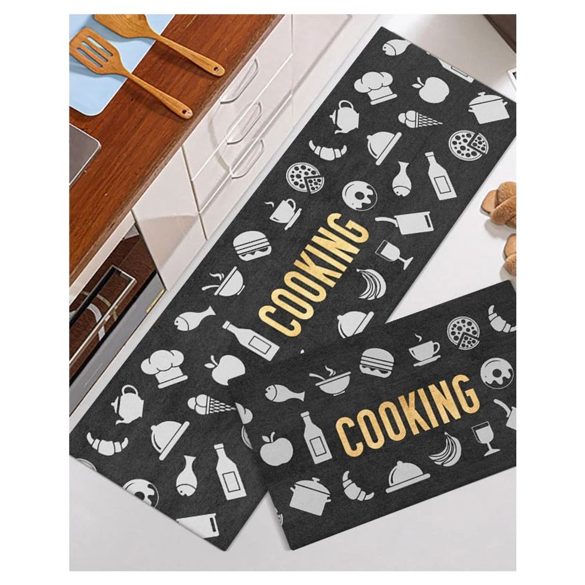 GENERICO - Set Alfombras Cocina Decoración Black Cooking Antideslizante