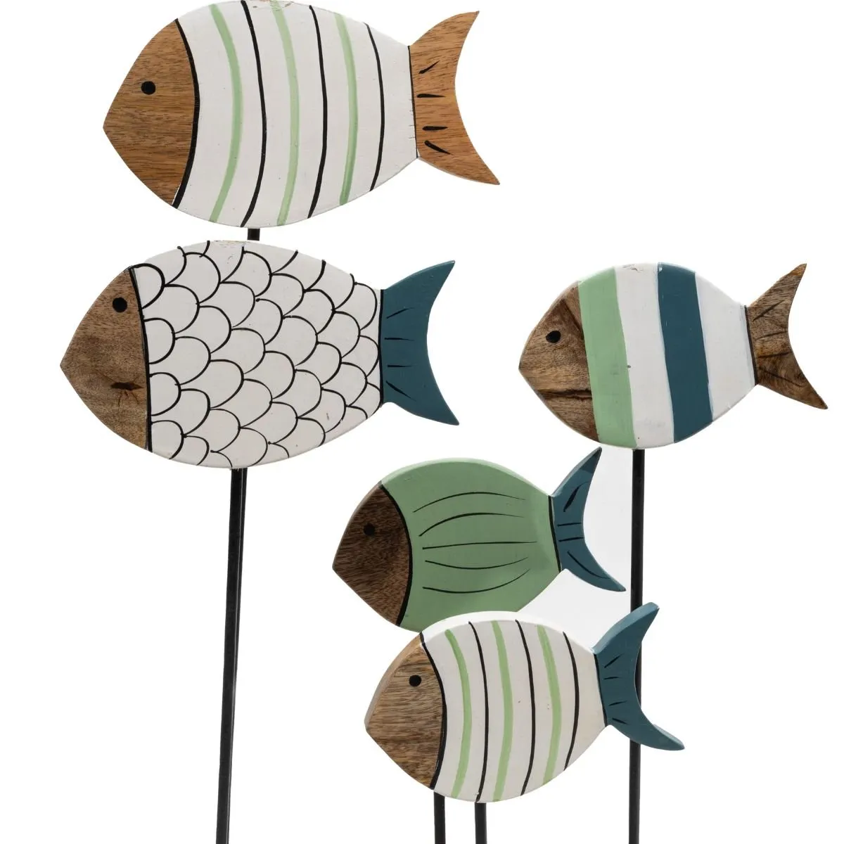 NECTAR - Set Decorativo Pescaditos de Madera de Mango y Fierro Pintados a Mano Familia Rescui 5 peces