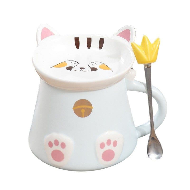 GENERICO - Tazón Mug Diseño De Gato Con Plato Y Cuchara Kawaii Color Celeste