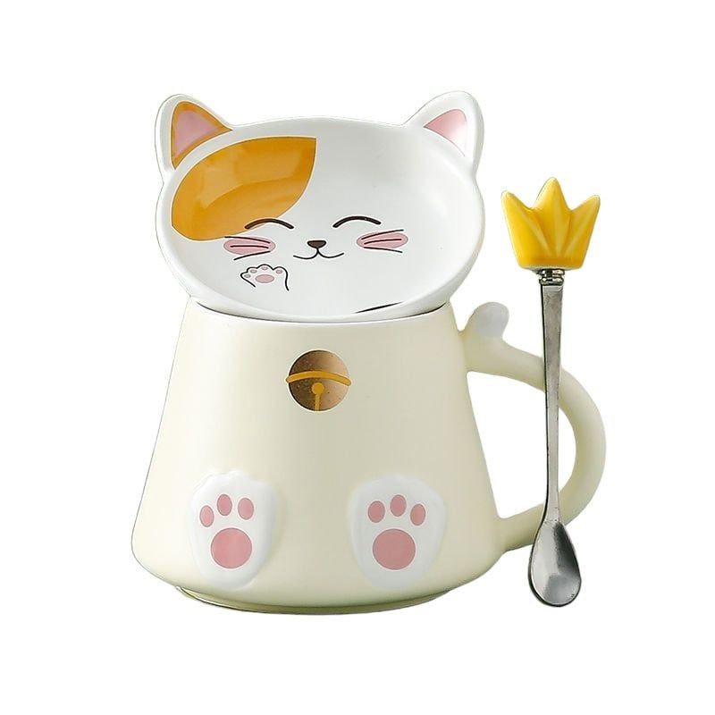 GENERICO - Tazón Mug Diseño De Gato Con Plato Y Cuchara Kawaii Color Amarillo