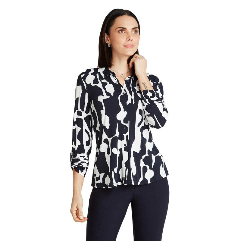 LORENZO DI PONTTI - Polera Azul Manga Larga Estampado Cuello Camisero