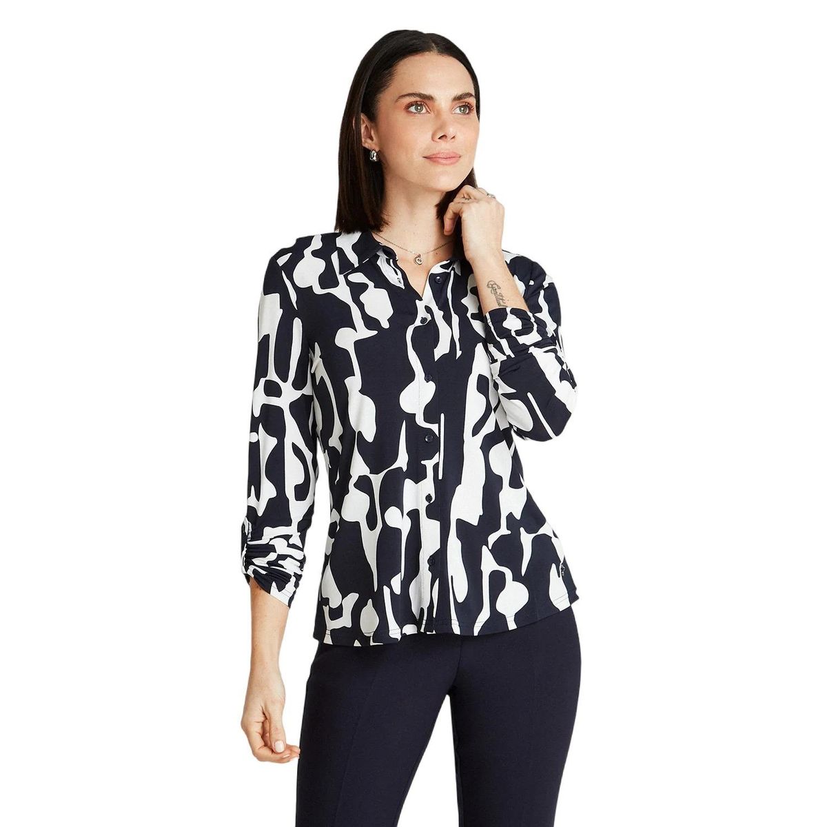 LORENZO DI PONTTI - Polera Azul Manga Larga Estampado Cuello Camisero