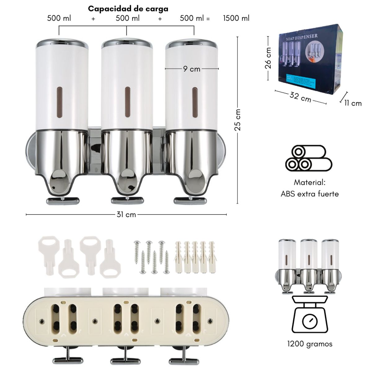 GENERICO - Dispensador Triple De Jabon Liquido Shampoo Acondicionador