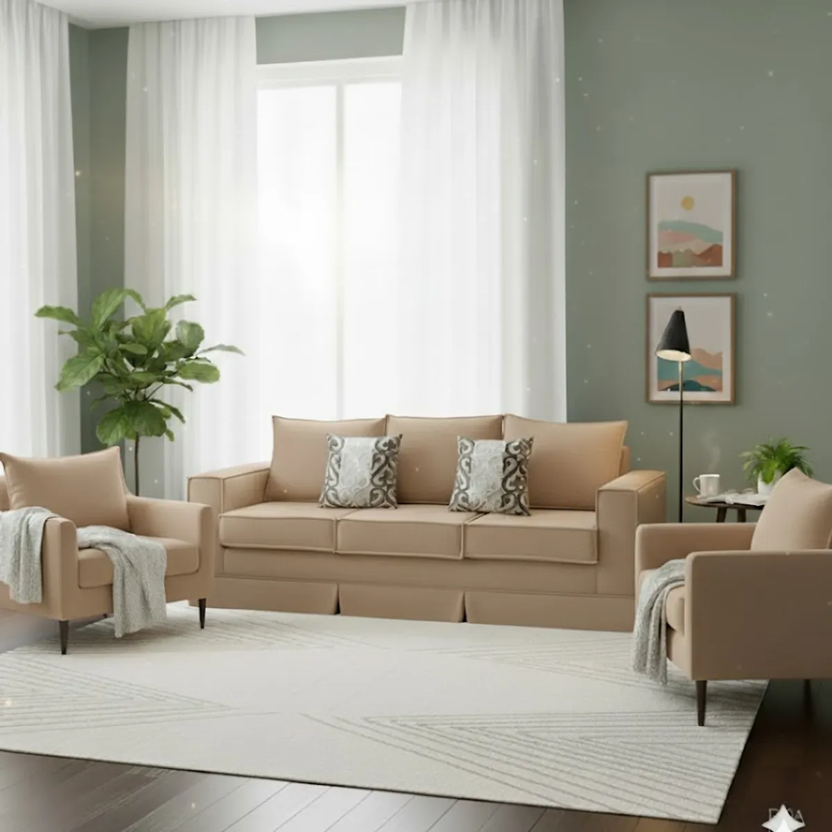 MUNDO LIVING - Living 311 Pompeya beige claro sofa 3 cuerpos + 2 poltronas resortes