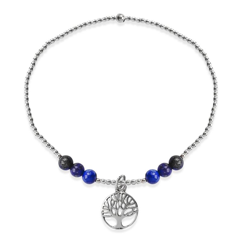 ANDREA COGGIOLA JOYAS - Pulsera Árbol De La Vida 6 Bolitas Lapislázuli PlataFina925 Elásticada