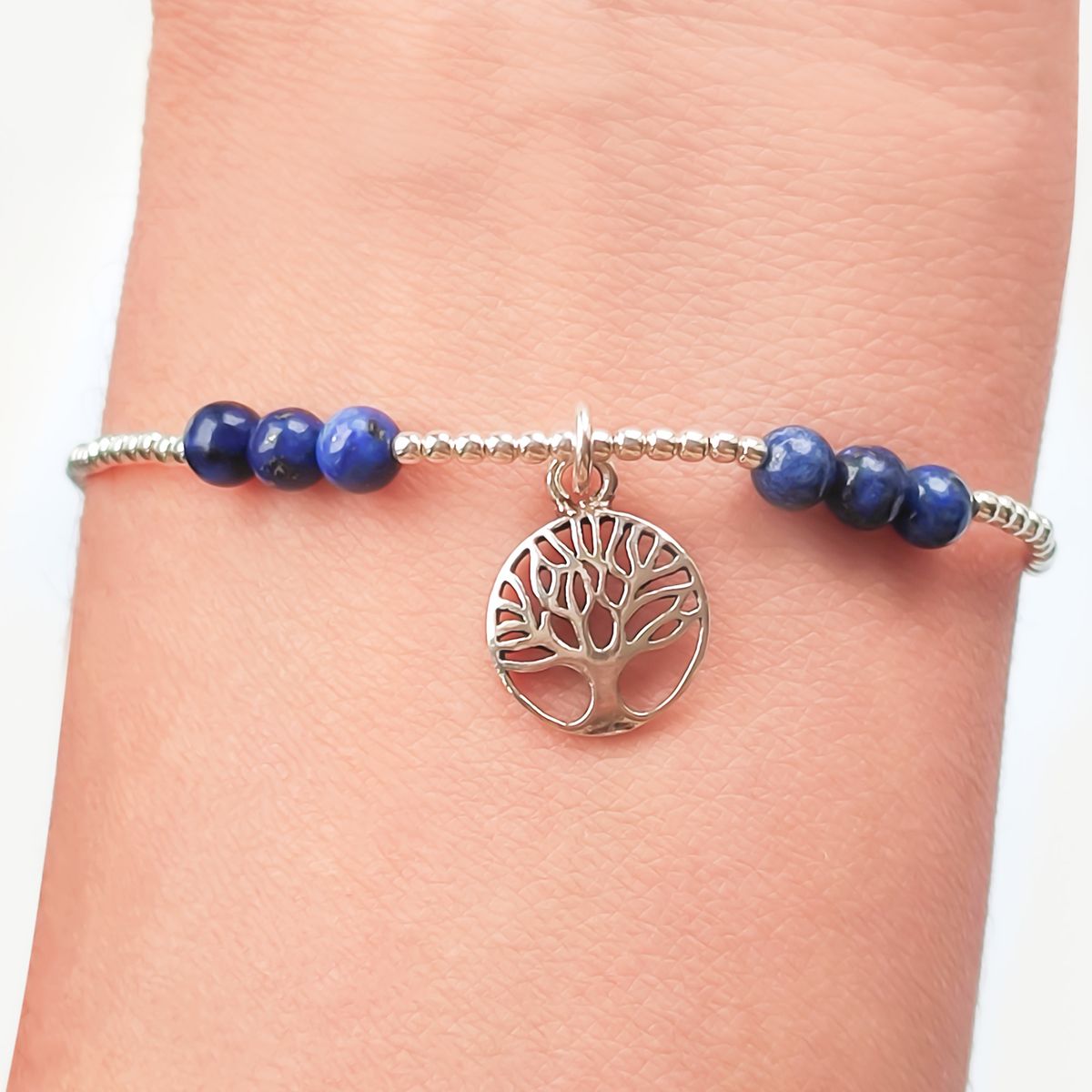 COGGIOLA - Pulsera Árbol De La Vida 6 Bolitas Lapislázuli PlataFina925 Elásticada