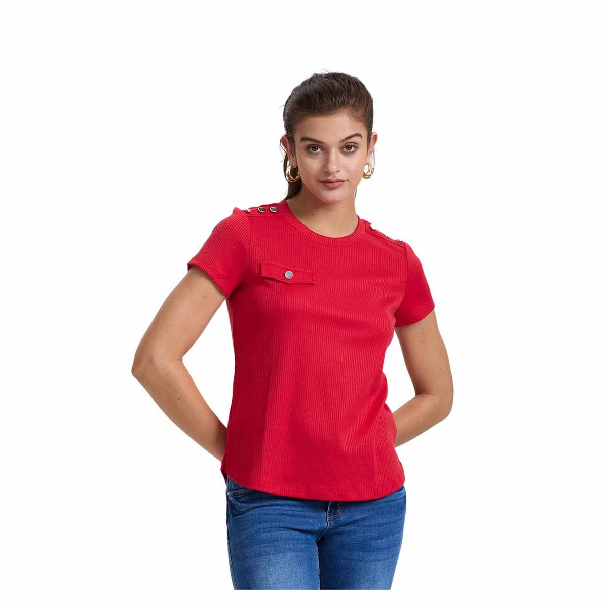 FASHION'S PARK - Polera Mujer Rib Lisa Botones Rojo Fashion's Park