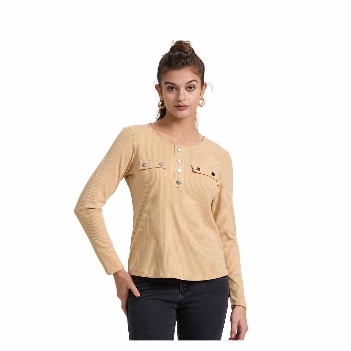 FASHION'S PARK - Polera Mujer Pata Botón Rib Liso Arena Fashion's Park