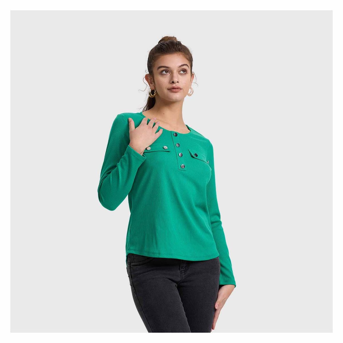 FASHION'S PARK - Polera Mujer Pata Botón Rib Liso Verde Fashion's Park