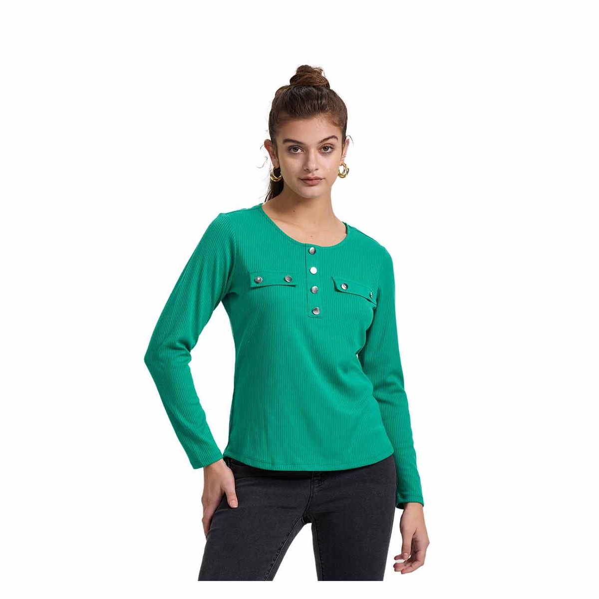 FASHION'S PARK - Polera Mujer Pata Botón Rib Liso Verde Fashion's Park