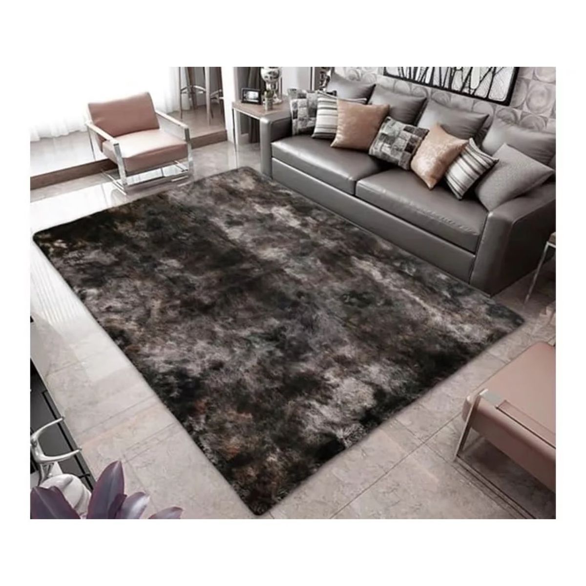 ANGELES DEL HOGAR - ALFOMBRA PELUDA TIPO SHAGGY 150 X 200 COLOR NEGRO JASPEADO