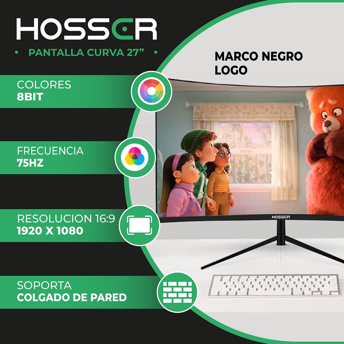 HOSSER - Monitor Gamer Curvo 27 Pulgadas Hosser FHD Gaming Monitor