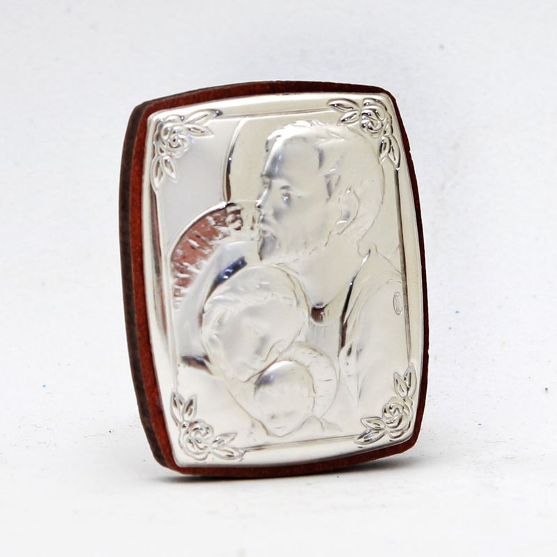 GENERICO - Cuadro Italiano Religioso De Madera Sagrada Familia en Plata 925